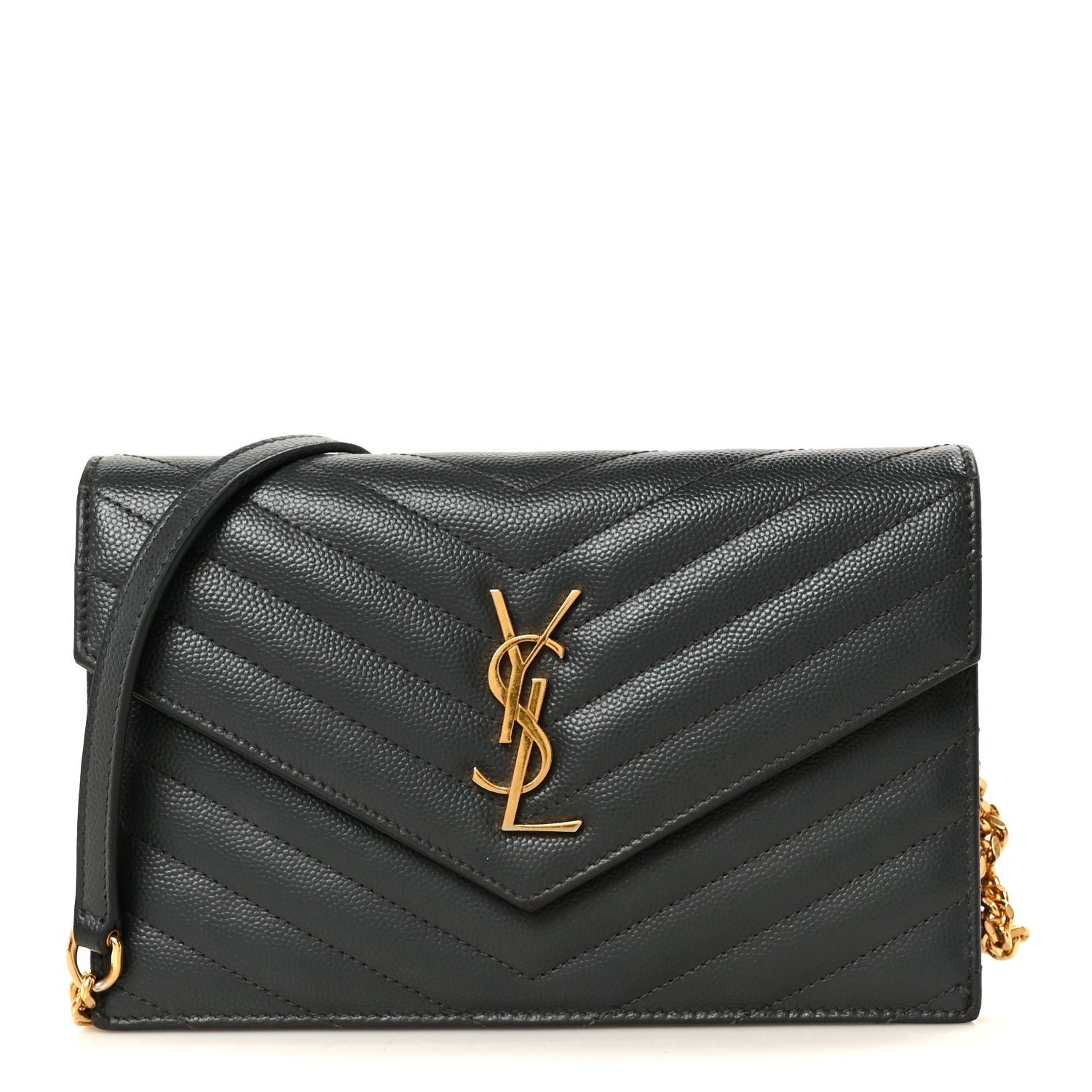 Saint Laurent Grain De Poudre Matelasse Chevron Monogram Envelope Chain Wallet Dark Smog