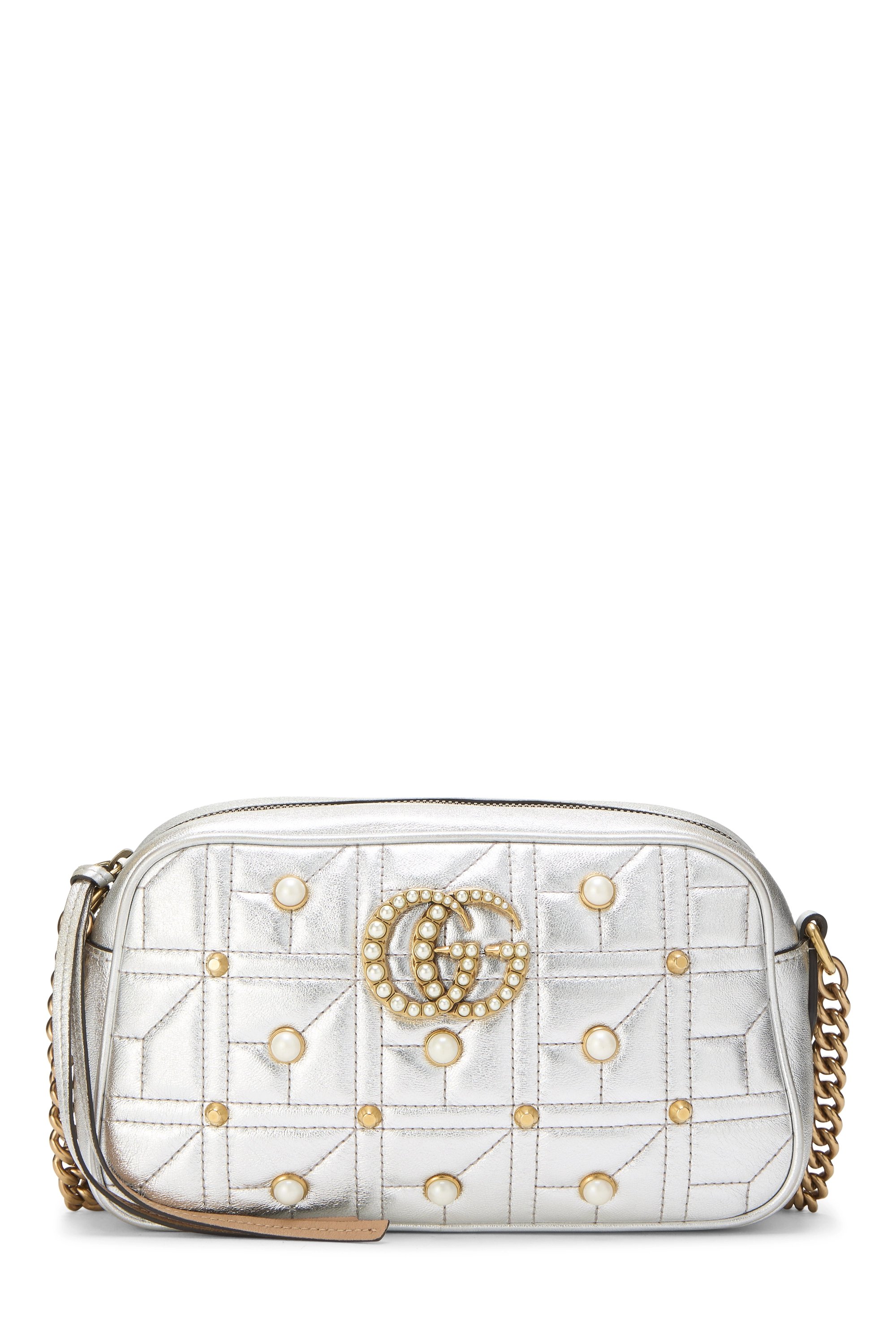 Silver Leather & Faux Pearl GG Marmont Crossbody Small