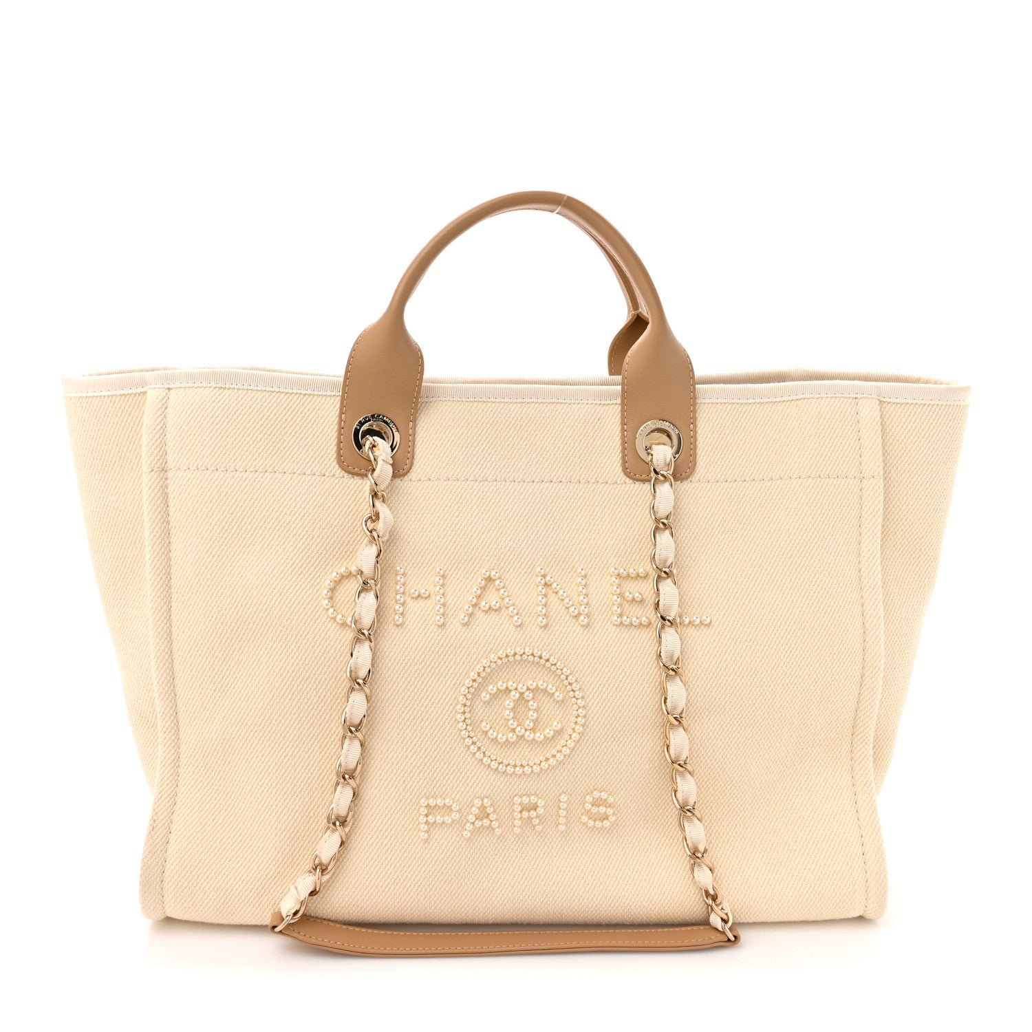 Chanel Canvas Pearl Medium Deauville Tote Ecru Beige