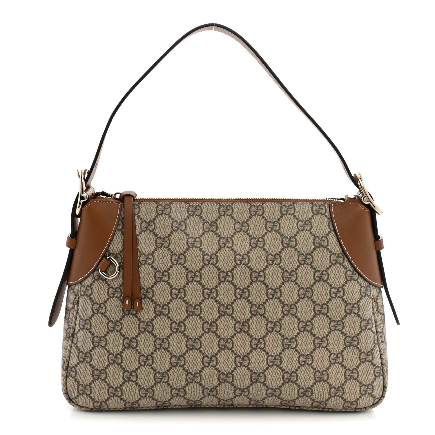 Gucci GG Supreme Monogram Textured Calfskin Medium Emblem Shoulder Bag Beige Dark Brown