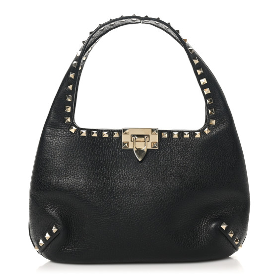 Valentino Garavani Grained Calfskin Small Rockstud Hobo Black