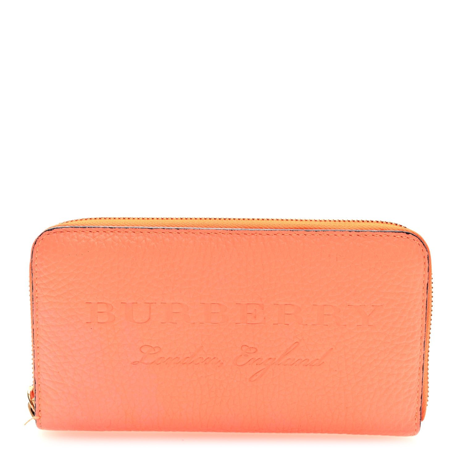 Burberry Grainy Calfskin London England Zip Around Wallet Neon Orange