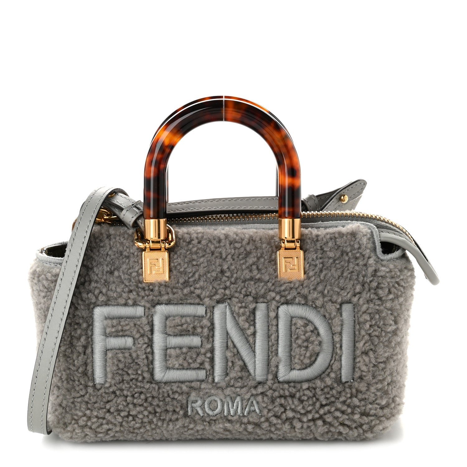 Fendi Sheepskin Vitello King Plexiglass Logo Embroidered Mini By The Way Top Handle Boston Ghiaccio