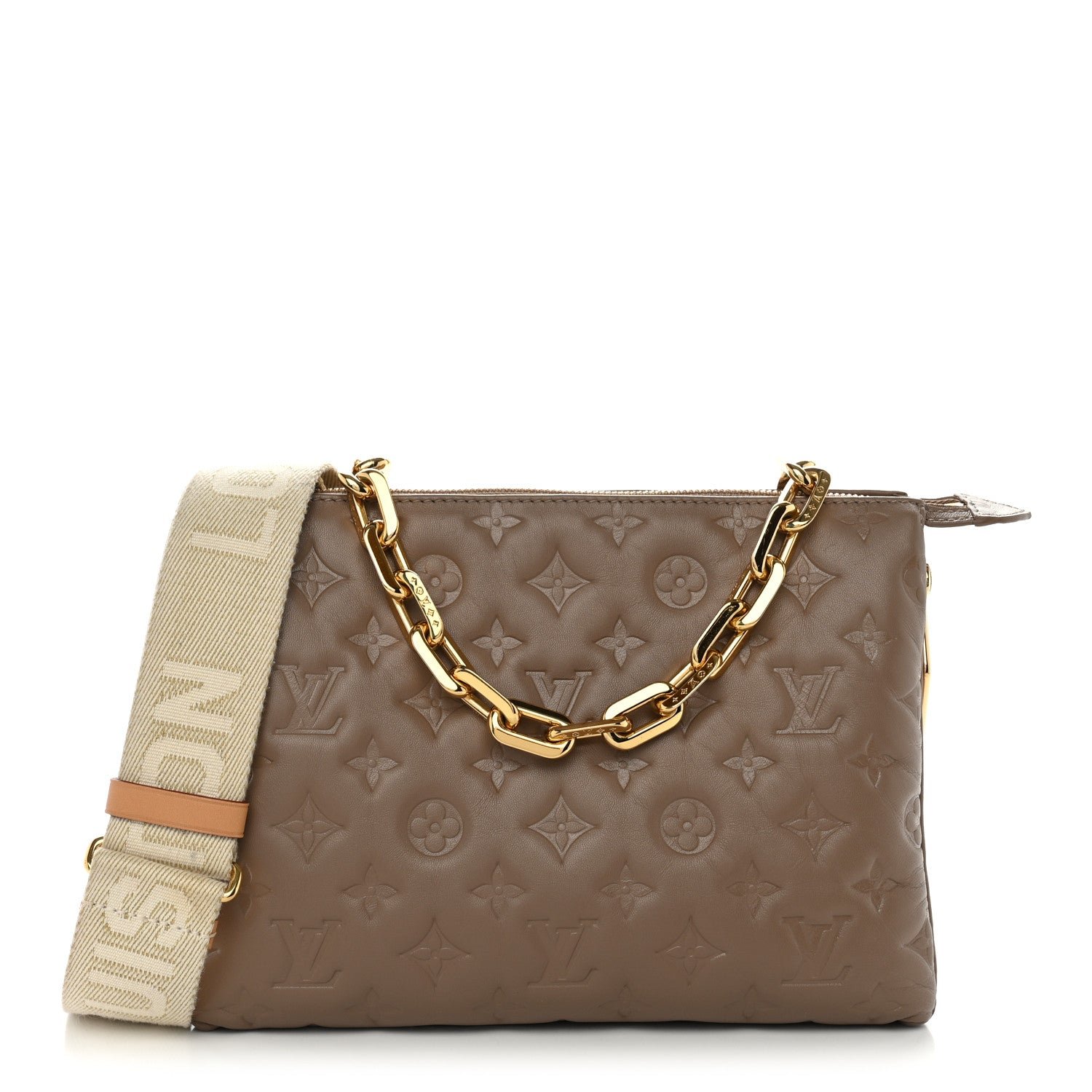 Louis Vuitton Lambskin Embossed Monogram Coussin PM Taupe