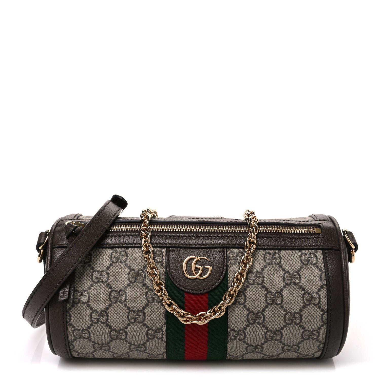Gucci GG Supreme Monogram Textured Dollar Calfskin Web Small Ophidia Blondie Barrel shoulder Bag Beige New Acero