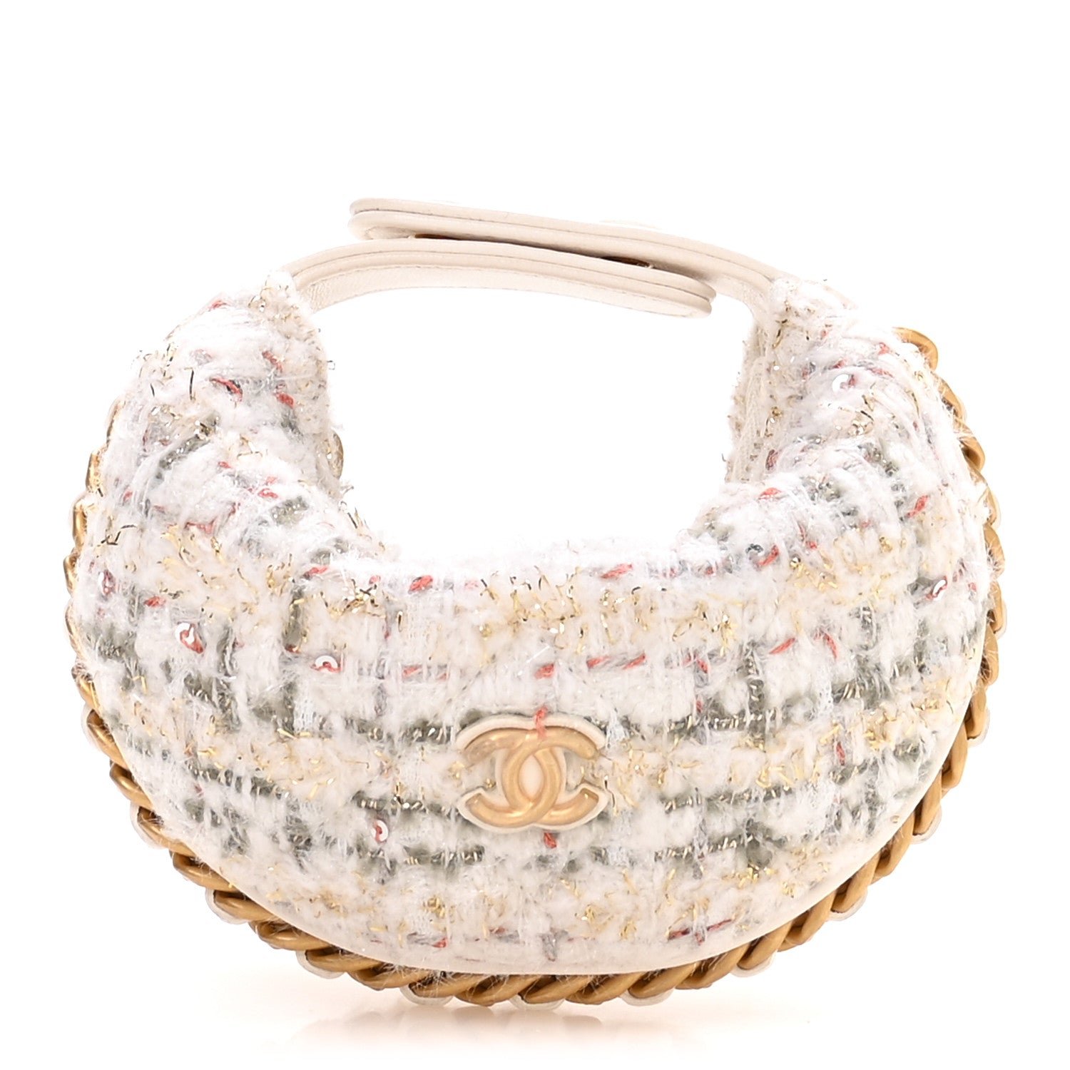 Chanel Wool Tweed Quilted Chain Around Mini Pouch Ecru Khaki Gold Red