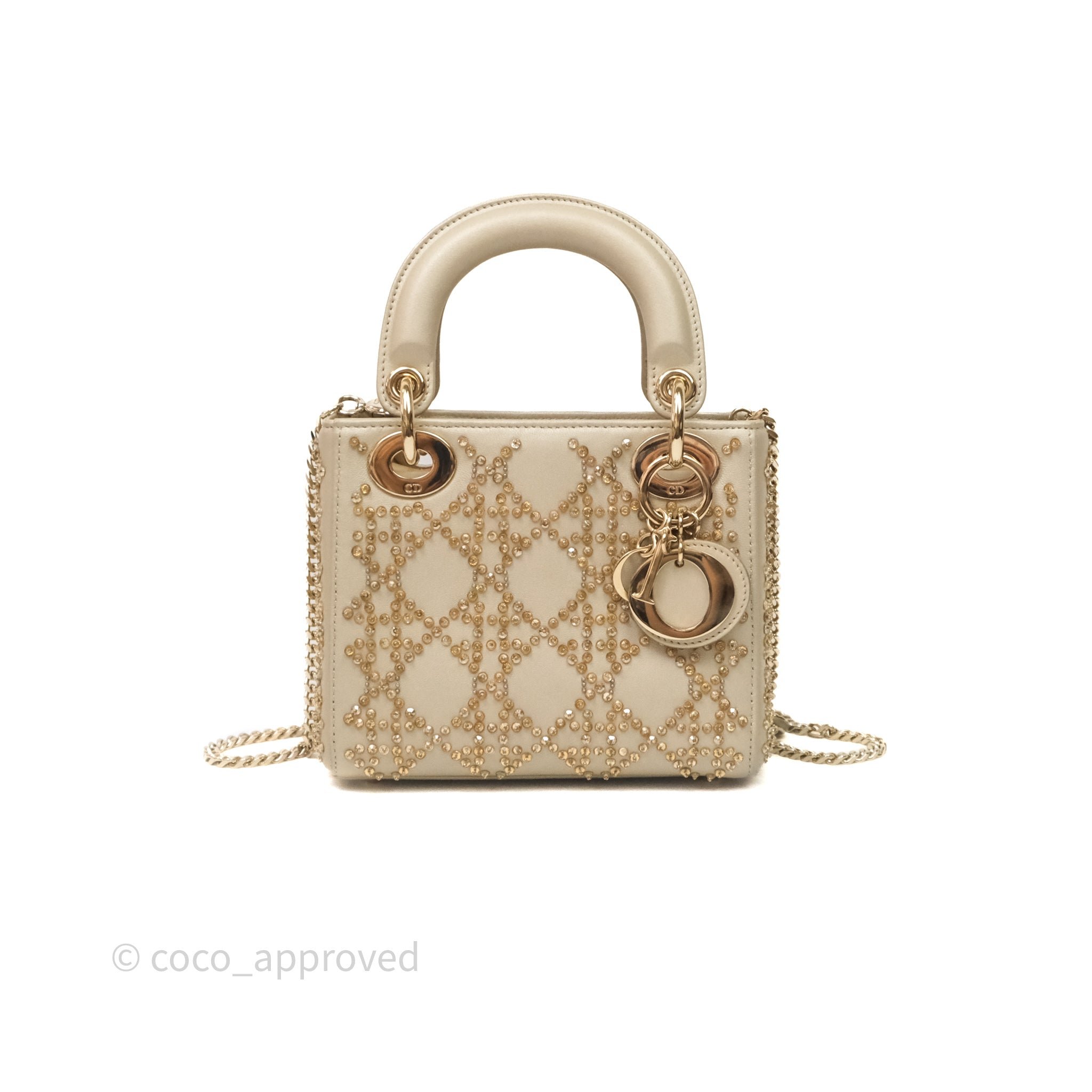 Christian Dior Mini Lady Dior Platinum-Tone Metallic Cannage Lambskin With Beaded Embroidery Gold Hardware