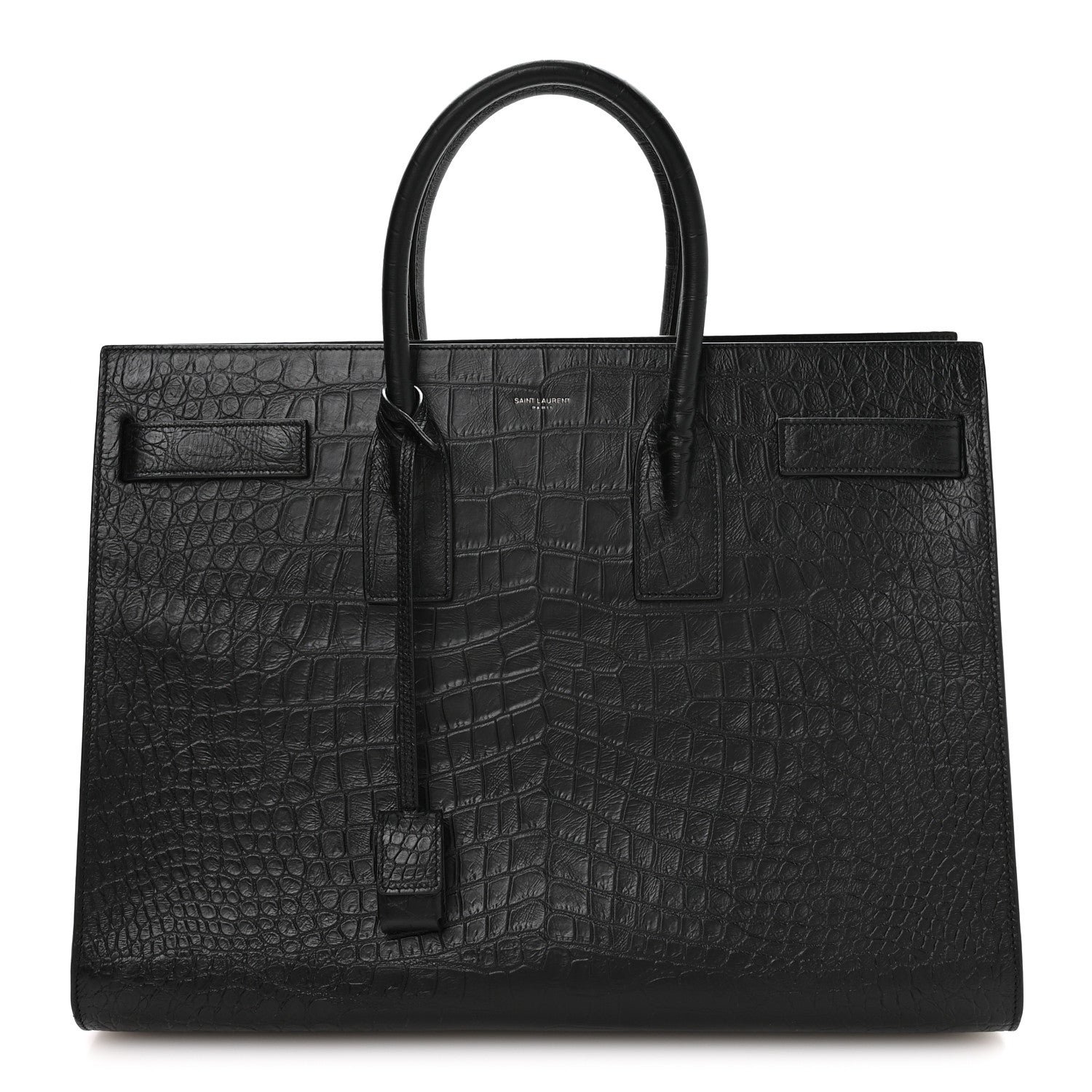 Saint Laurent Calfskin Crocodile Embossed Large Sac De Jour Carryall Black