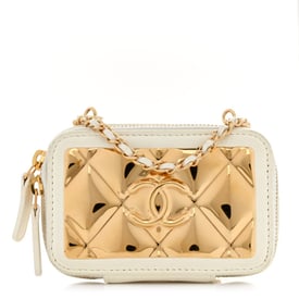 Chanel Lambskin Quilted Golden Plate Clutch With Chain White