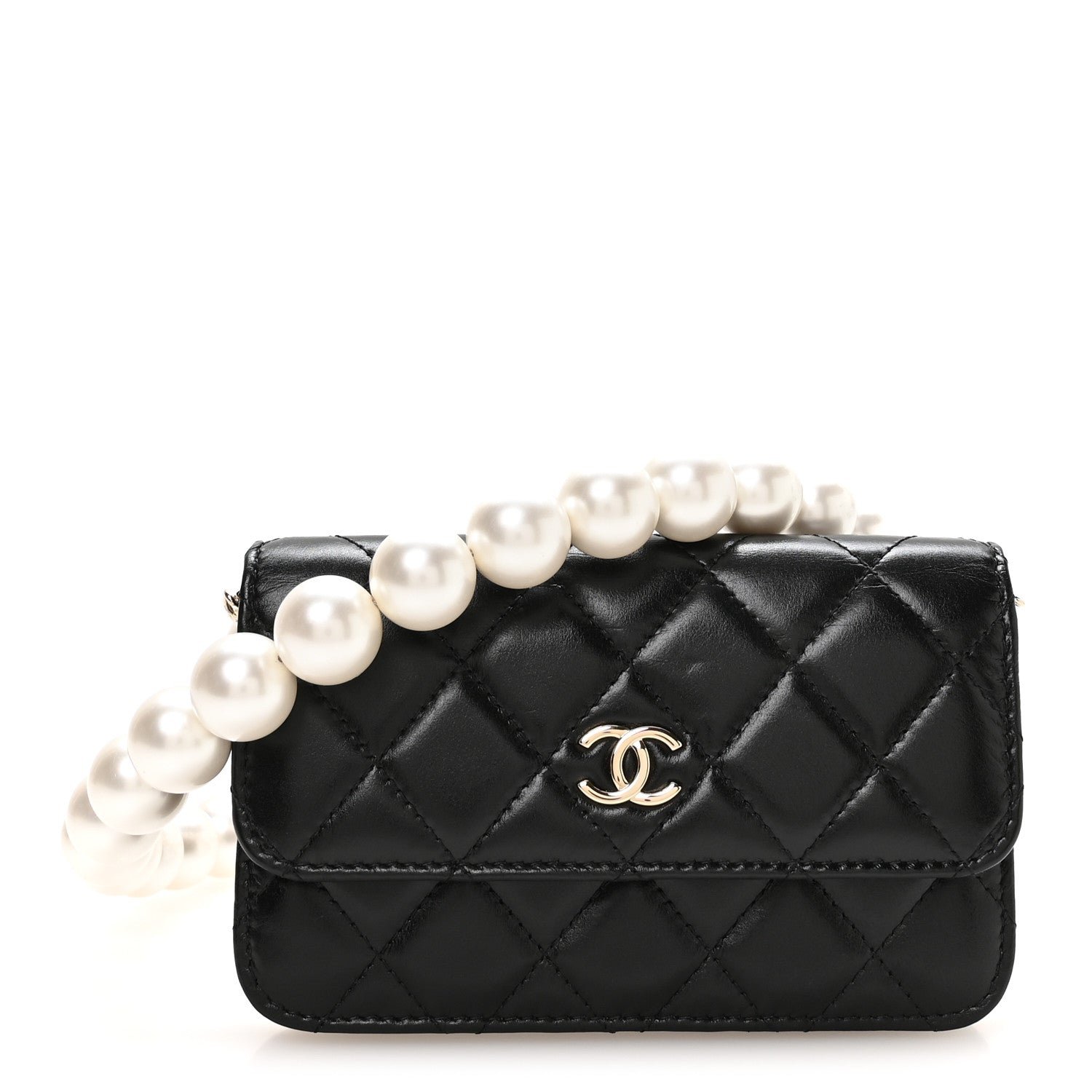 Chanel Calfskin Quilted Mini Maxi Pearls Wallet On Chain WOC Black