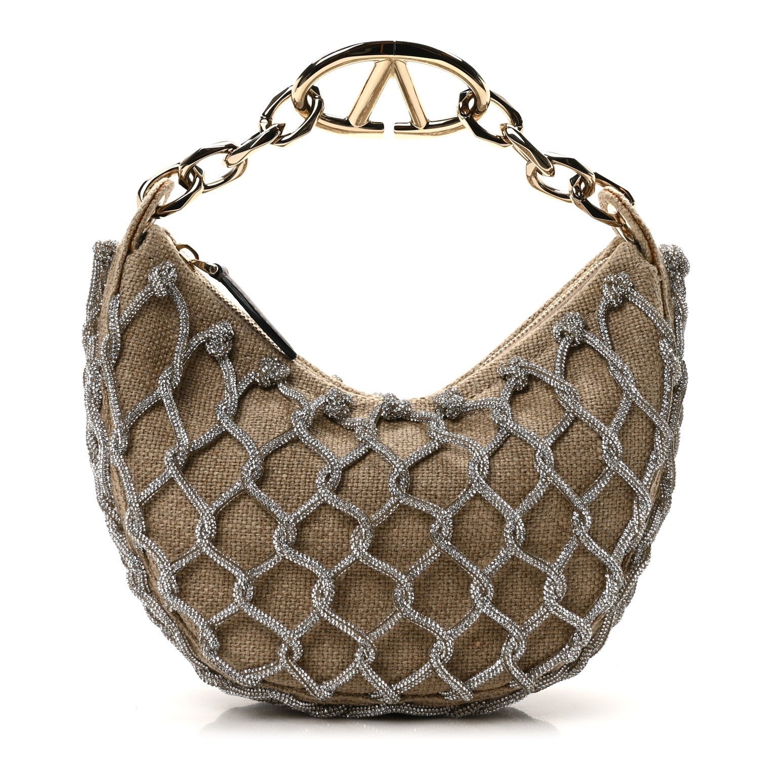 Valentino Garavani Crystal Knit Mini Vlogo Moon Bag Silver Beige
