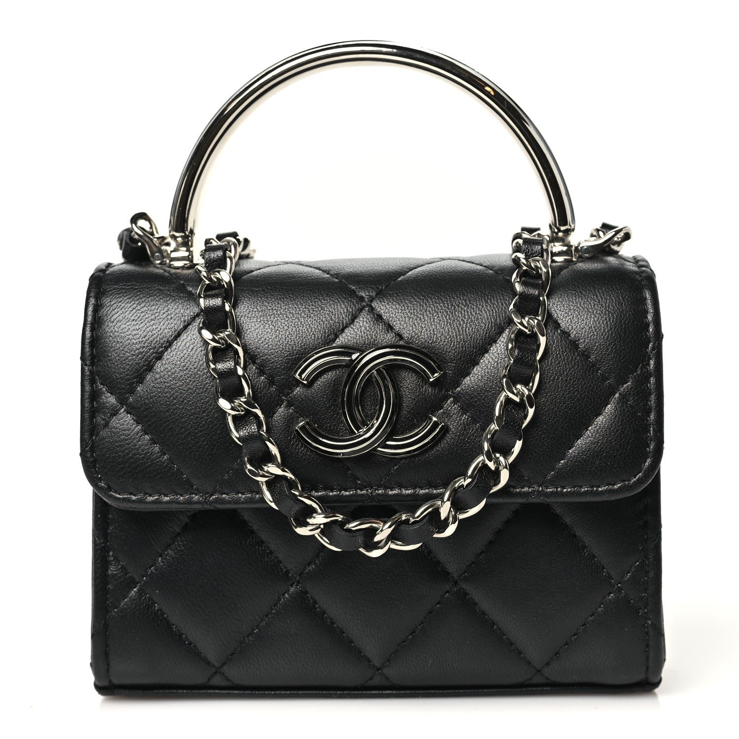 Chanel Lambskin Quilted Mini Metal Top Handle Flap Clutch With Chain  Black
