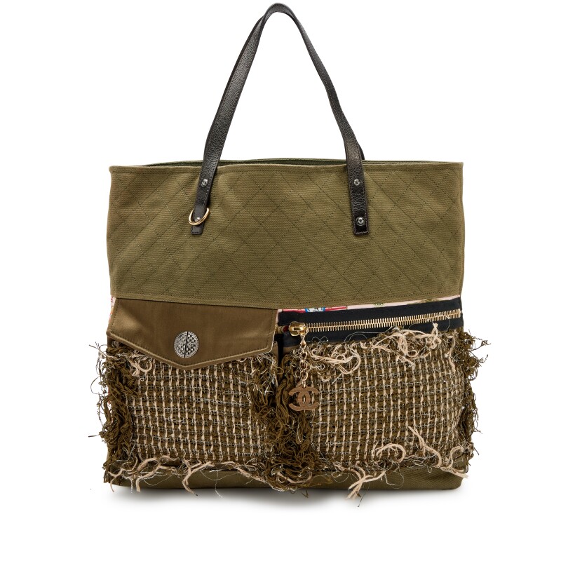 Khaki Quilted Canvas, Multicolor Tweed and Pink Multicolor Quilted Satin Cigar Label Printed Paris-Cuba Shirt Patchwork Tote Gold and Ruthenium Hardware, 2017