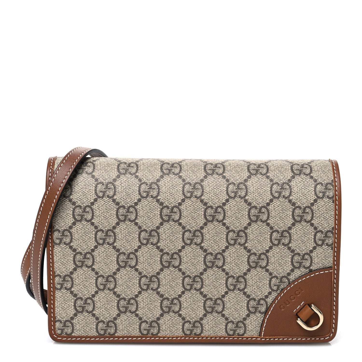 Gucci GG Emblem Monogram Wallet With Strap Beige Brown