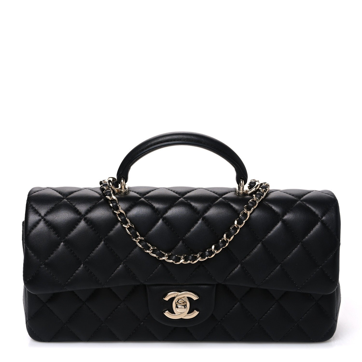 Chanel Lambskin Quilted Top Handle East West Flap Black