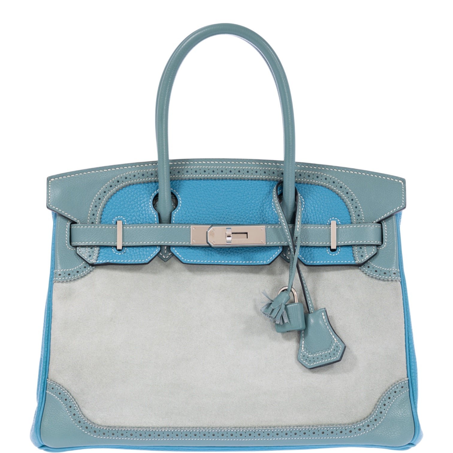 Hermes Hermès Birkin 30 Grizzly Ghillies Gris Perle Doblis, Ciel Evercolor & Turquoise Clémence Palladium Hardware