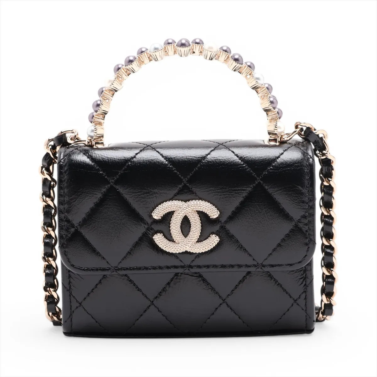 Chanel Matelasse Leather 2 Way Shoulder Bag Pearl Black Gold Metal Fittings rand
