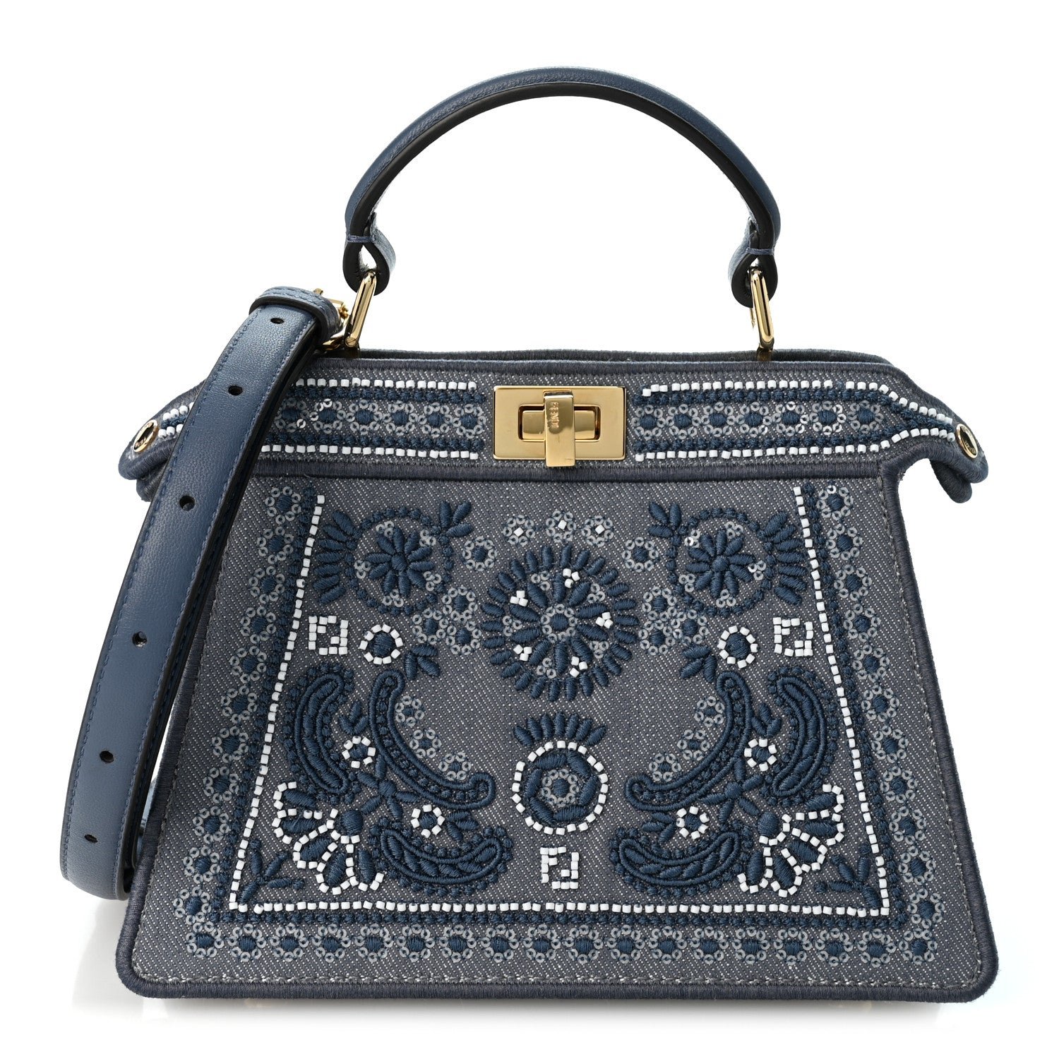 Fendi Denim Emroidered Coral Bandana Petite Peekaboo I SEE U Satchel Mirto