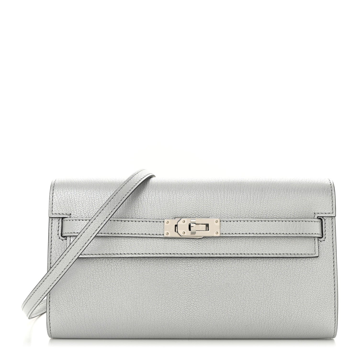 Hermes Metallic Chevre Chamkilight Kelly Wallet To Go Argent