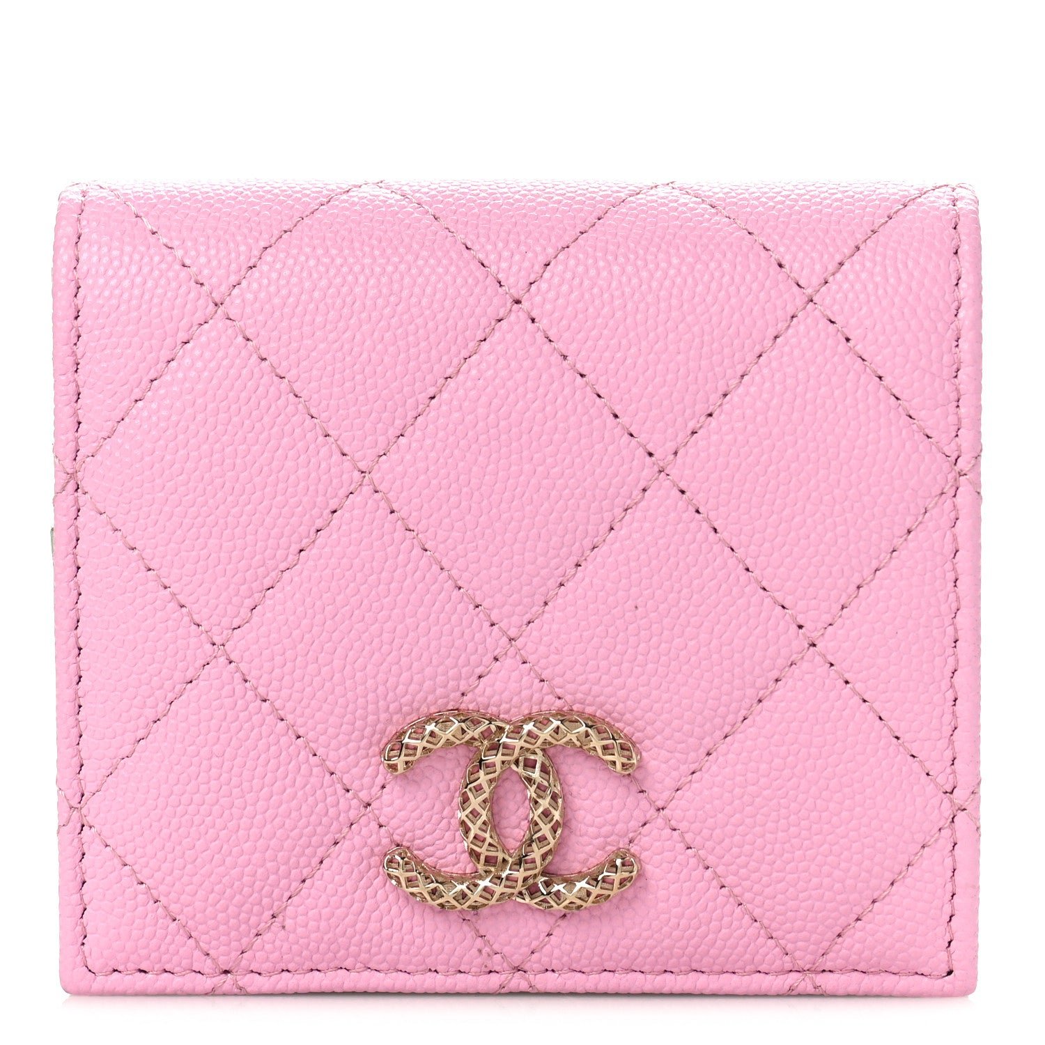 Chanel Caviar Metal Perforated Quilted CC Compact Bi-Fold Flap Wallet Lilac Light Green