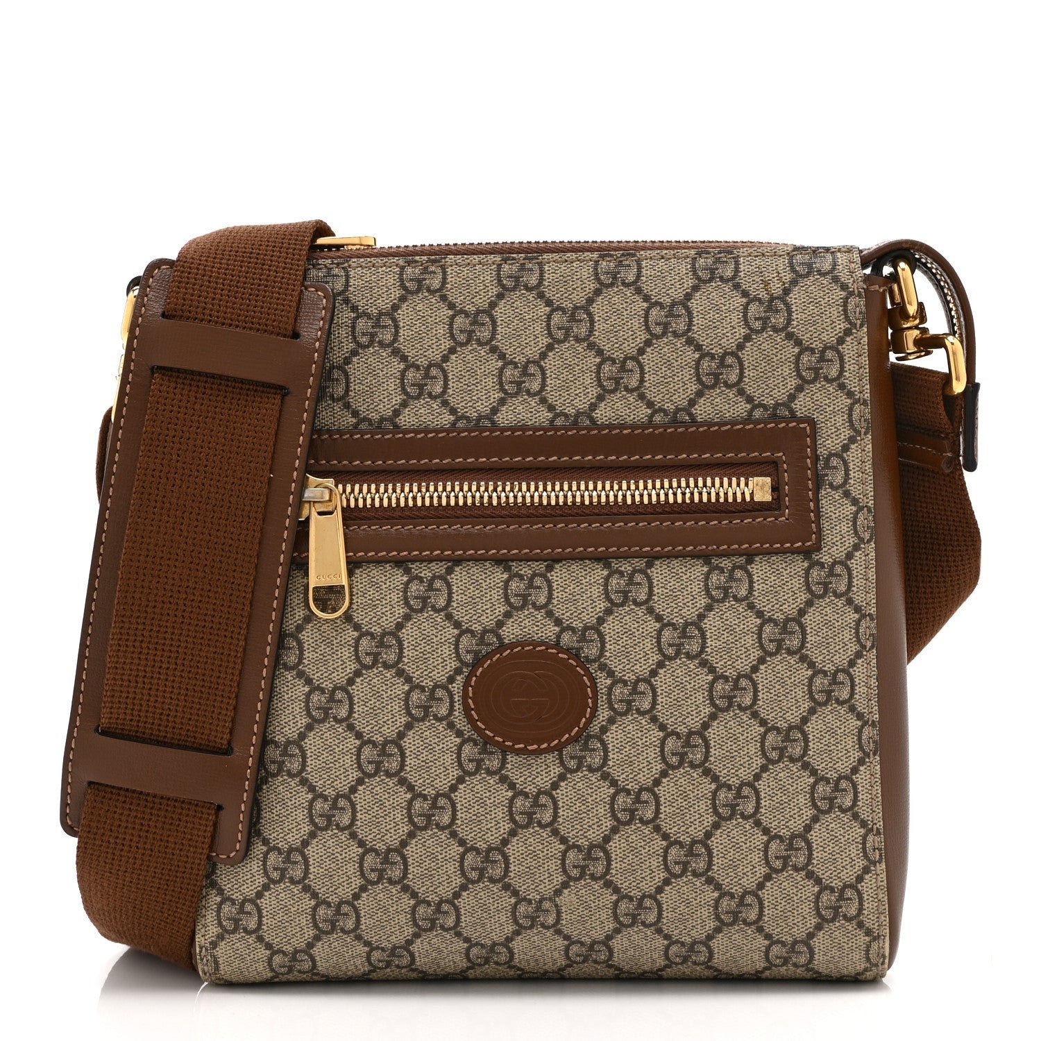 Gucci GG Supreme Monogram Azalea Calfskin Retro Interlocking G Flat Messenger Bag Beige Ebony Brown Sugar