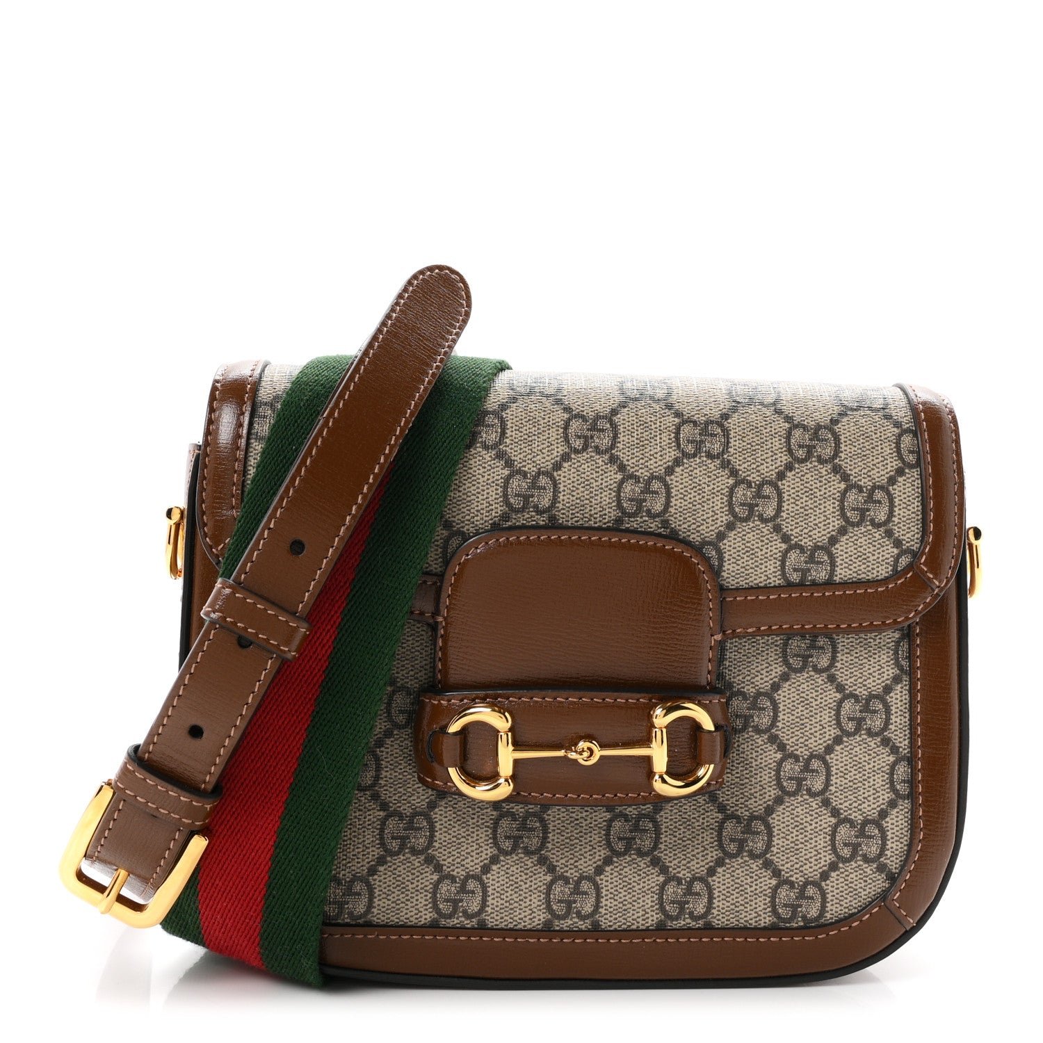 Gucci GG Supreme Monogram Web Mini Horsebit 1955 Shoulder Bag Beige Brown Sugar