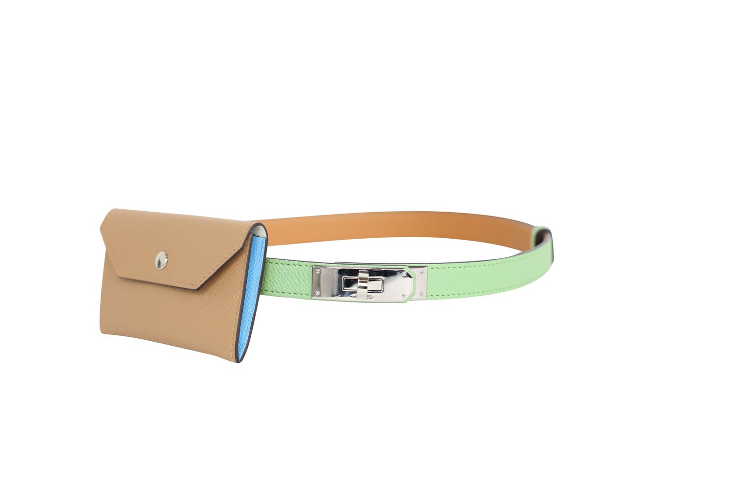 Hermes Hermes Kelly Pocket 18 Belt, Green Vert Criquet and Brown Epsom Leather with Palladium Hardware, U 2022 Stamp, Preowned in Box WA001