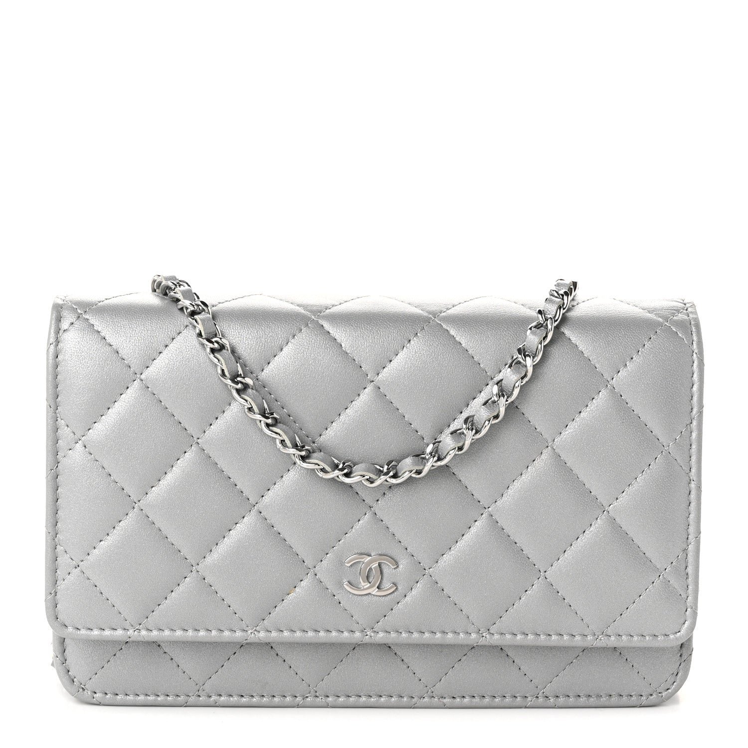 Chanel Metallic Lambskin Quilted Wallet On Chain WOC Silver