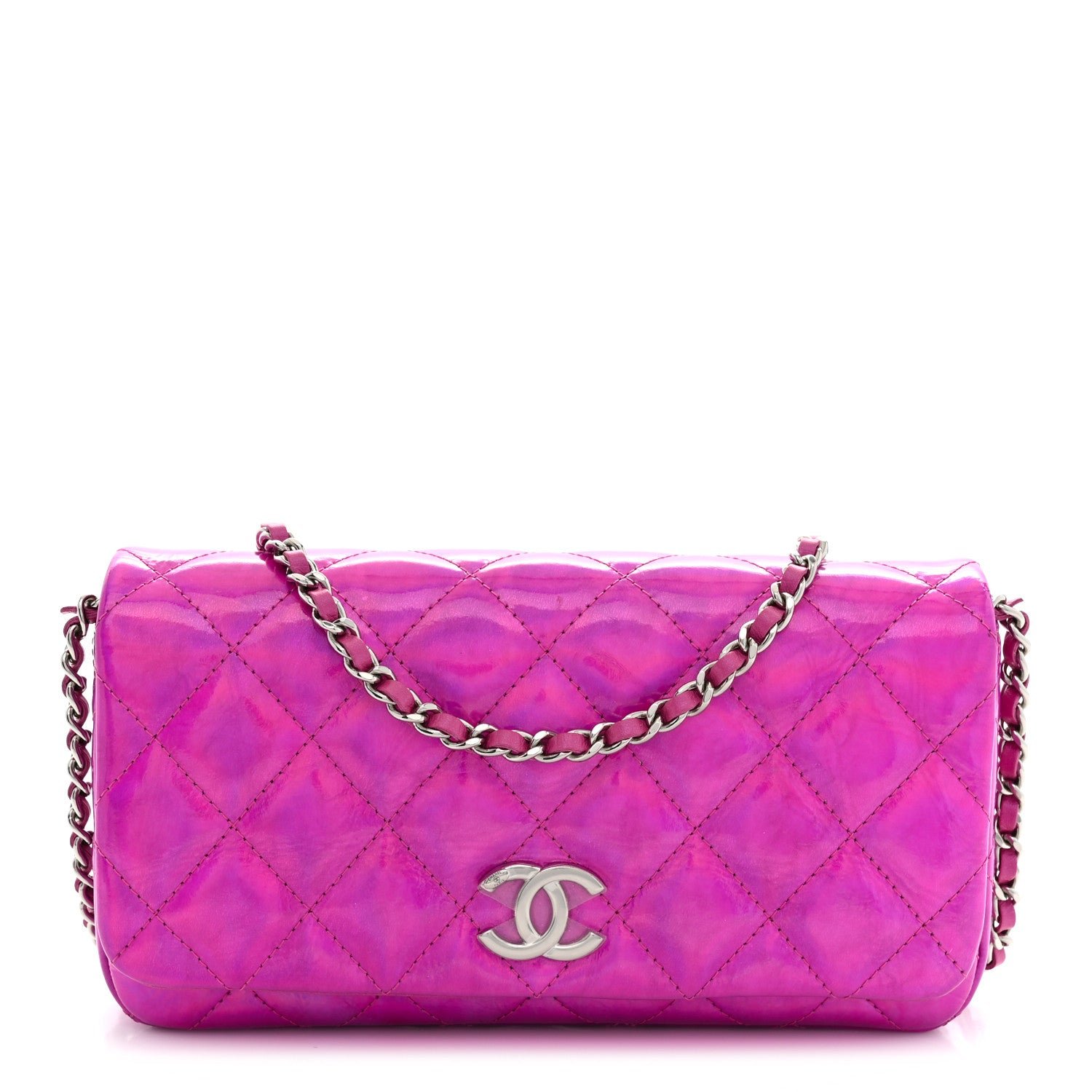 Chanel Iridescent Mirror Goatskin Quilted Clutch With Chain Pink