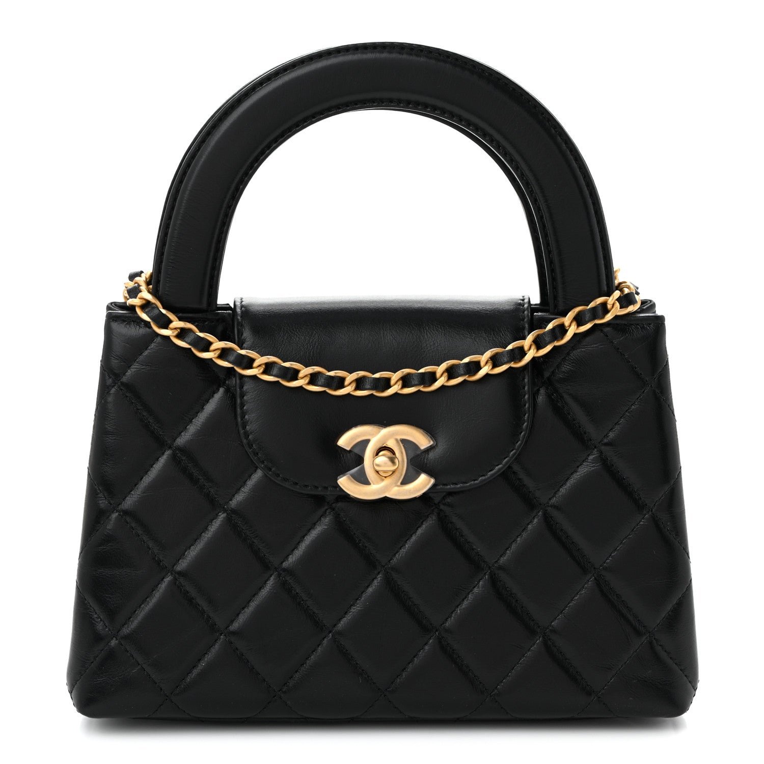 Chanel Shiny Aged Calfskin Quilted Nano Kelly Shopper Black