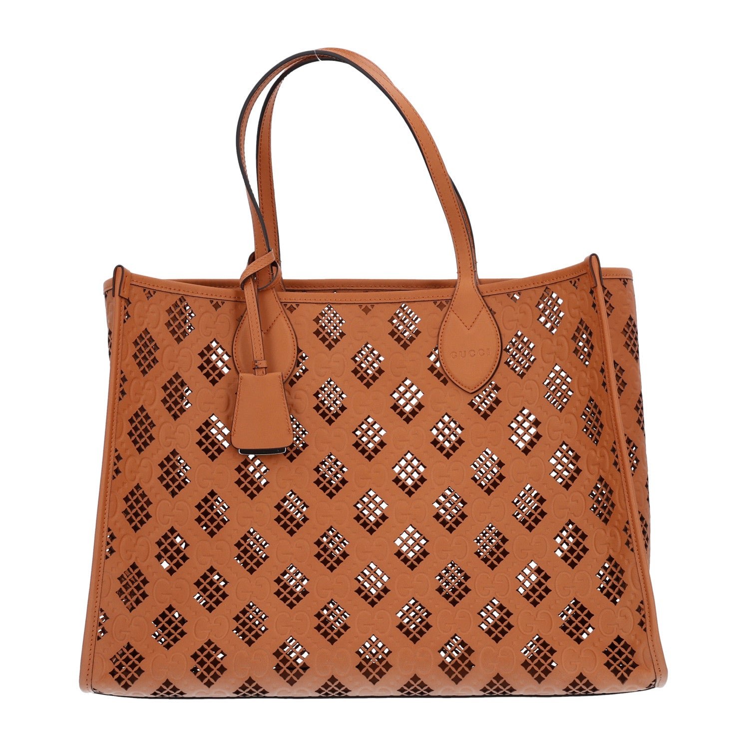 Gucci Calfskin GG Monogram Diamond Cut Medium Ophidia Tote Bag Brown