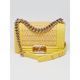 Chanel Yellow Woven Raffia and Lambskin Leather Medium Boy Bag