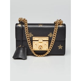 Gucci Black Leather Metallic Bee/Star Print Small Padlock Crossbody Bag