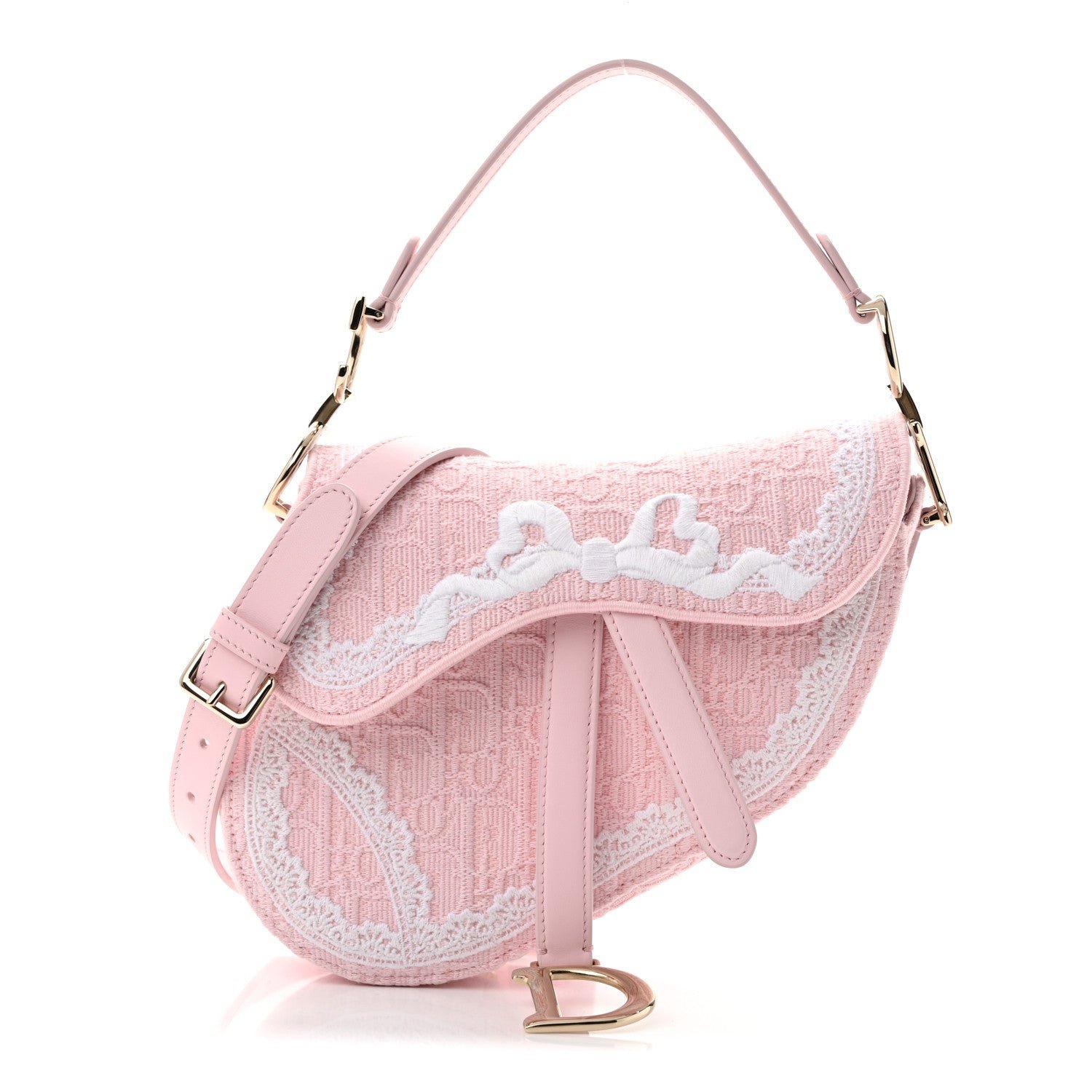 Dior Christian Dior Oblique Embroidered Lace Dioramour Small Saddle Bag With Strap Soupir Pink White