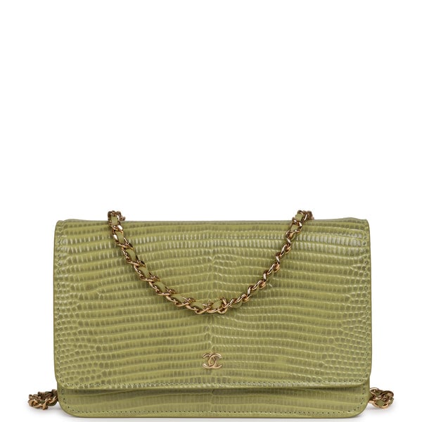 Chanel Wallet On Chain WOC Green Lizard Embossed Calfskin Gold Hardware