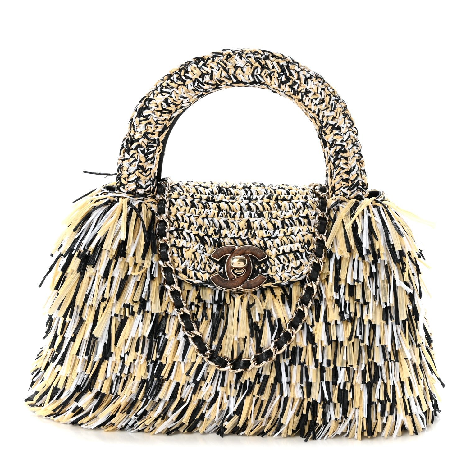 Chanel Raffia Fringe Nano Kelly Shopper Yellow Beige Black