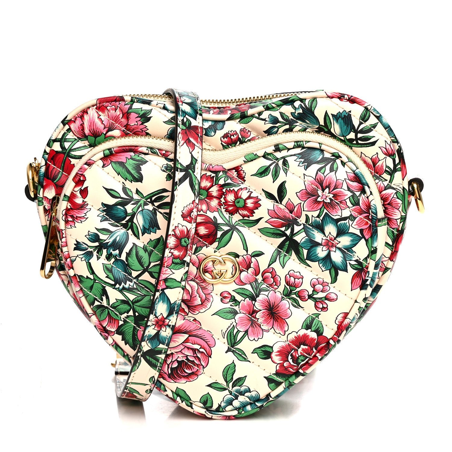 Gucci Calfskin Brit Roses Print Matelasse Diagonal Mini Interlocking G Heart Shoulder Bag Multicolor