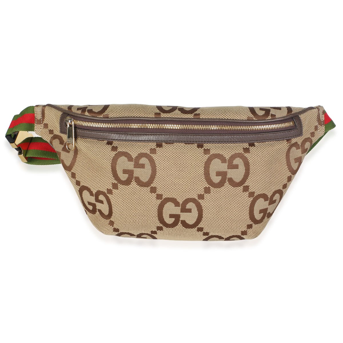 Brown Jumbo GG Canvas Textured Dollar Calfskin Web Belt Bag
