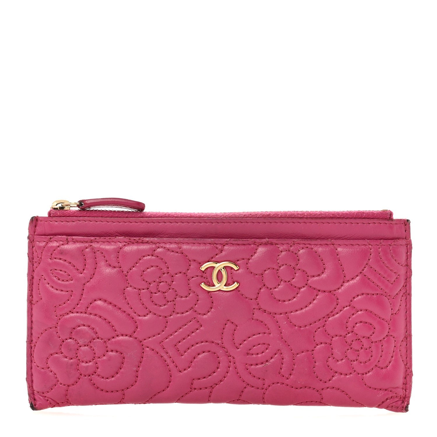 Chanel Lambskin Camellia Embossed Classic Zip Pouch Pink
