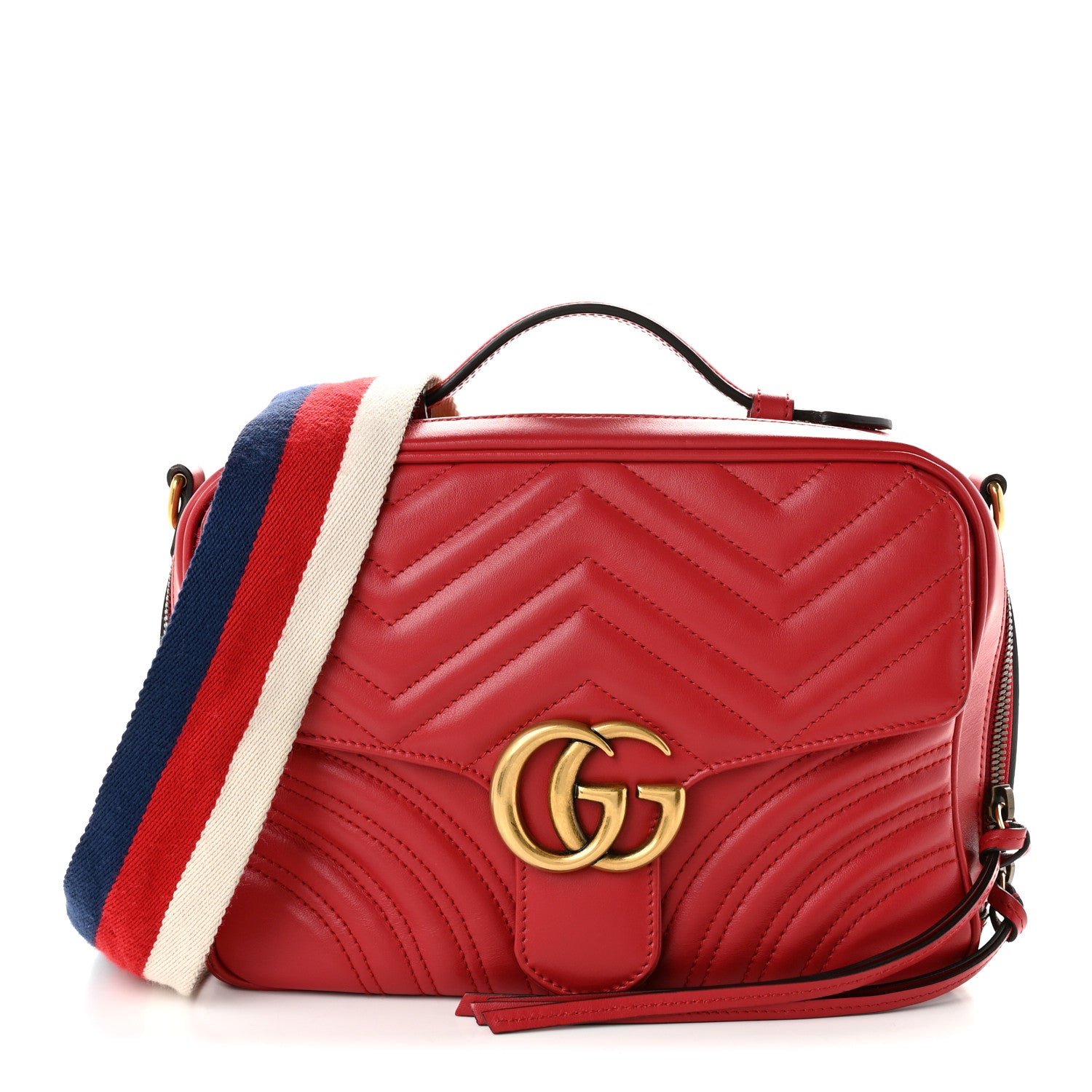 Gucci Calfskin Matelasse Sylvie Web Small GG Marmont Top Handle Shoulder Bag Hibiscus Red