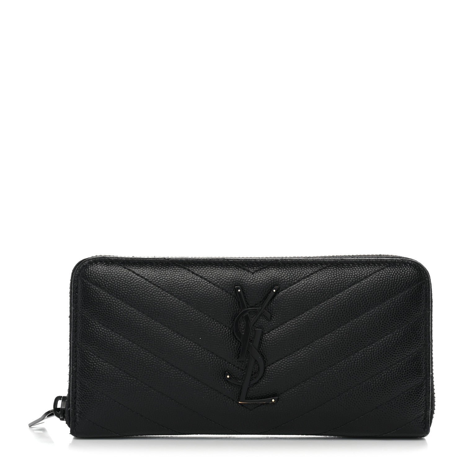 Saint Laurent Grain De Poudre Matelasse Chevron Monogram Monochrome Zip Around Wallet Black