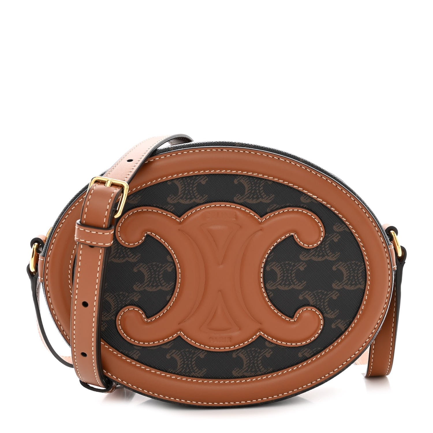 Celine Canvas Calfskin Cuir Triomphe Oval Purse Crossbody Tan