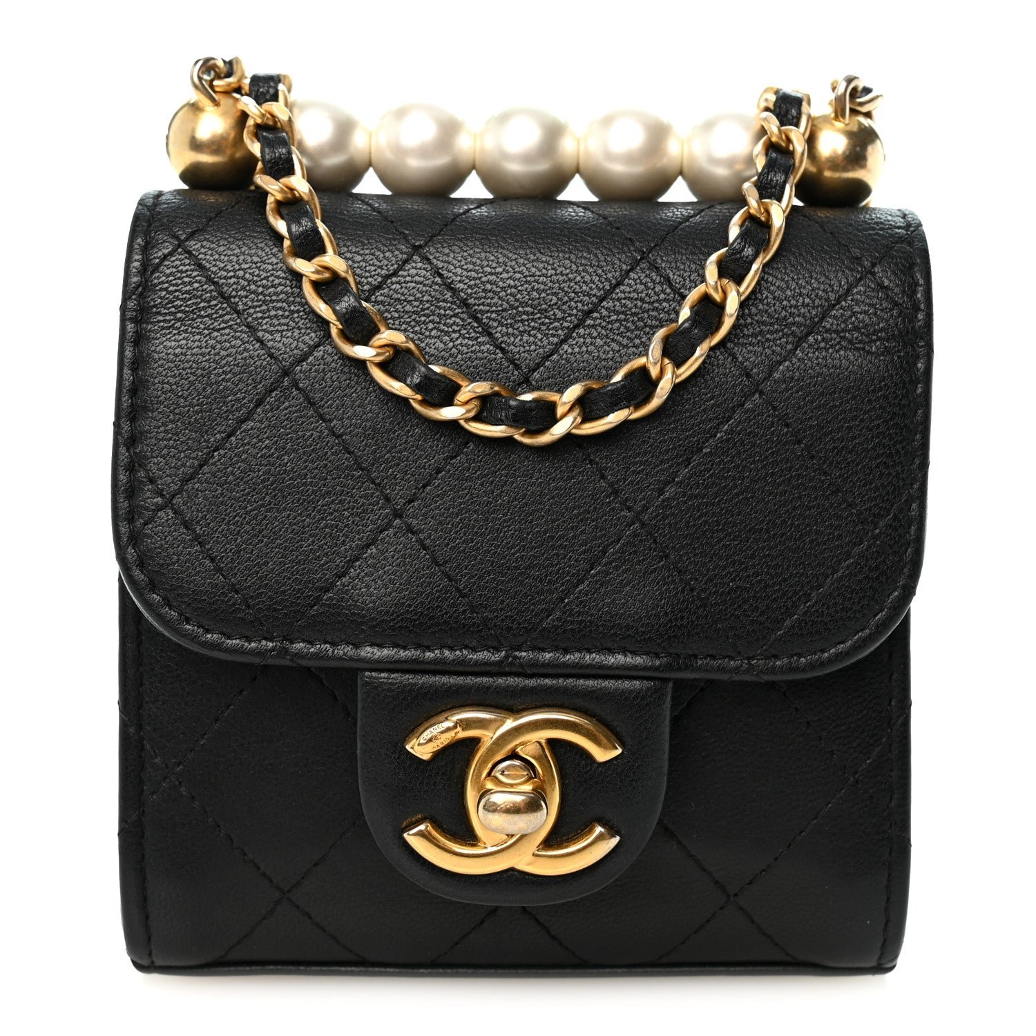 Chanel Goatskin Chic Pearls Clutch On Chain Black