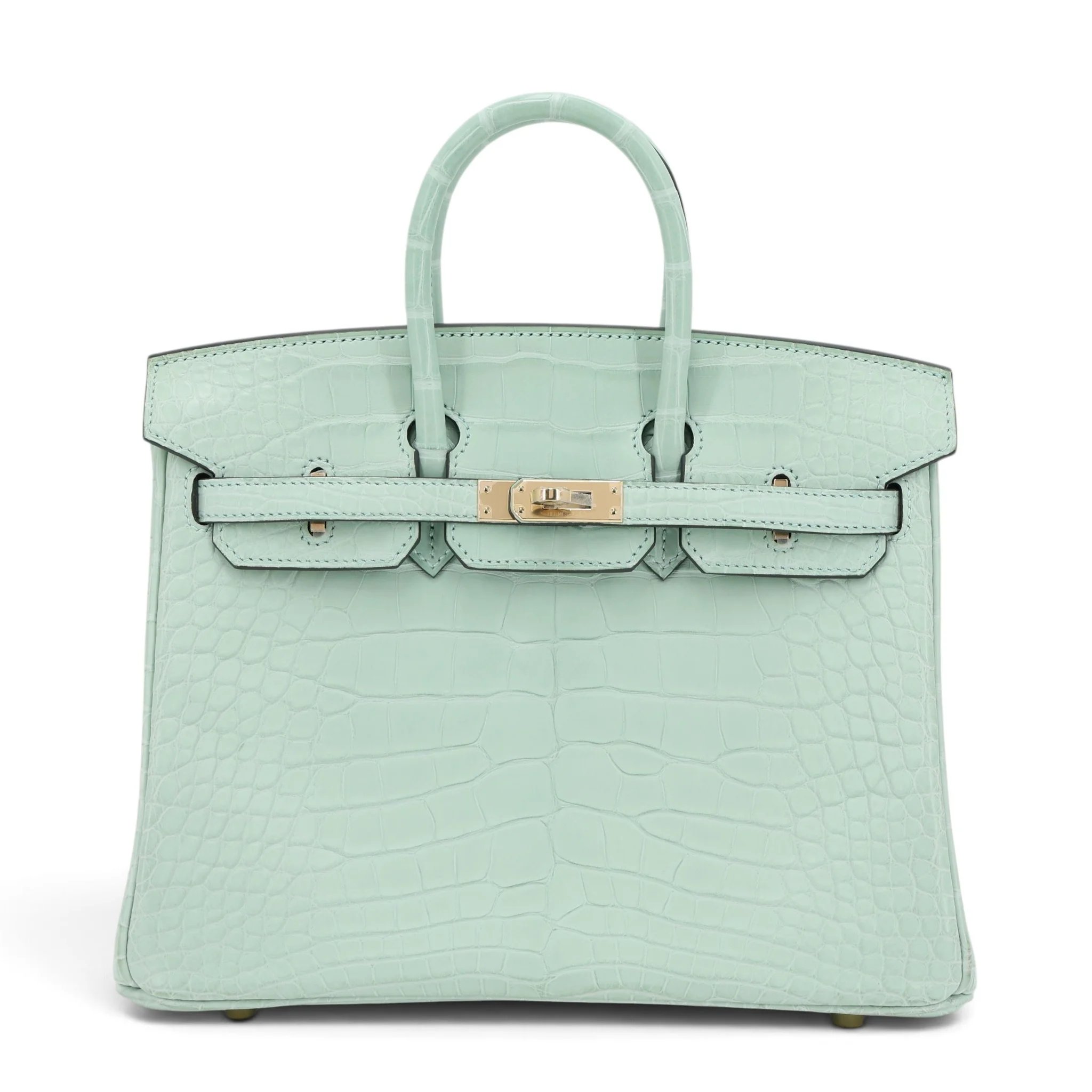 Excellent ( Rank SA ) HERMÈS Special Order Limited Edition Birkin 25 HSS Vert d’Eau (6U) Gris Perle (80) Matte Alligator Gold hardware B (2023)