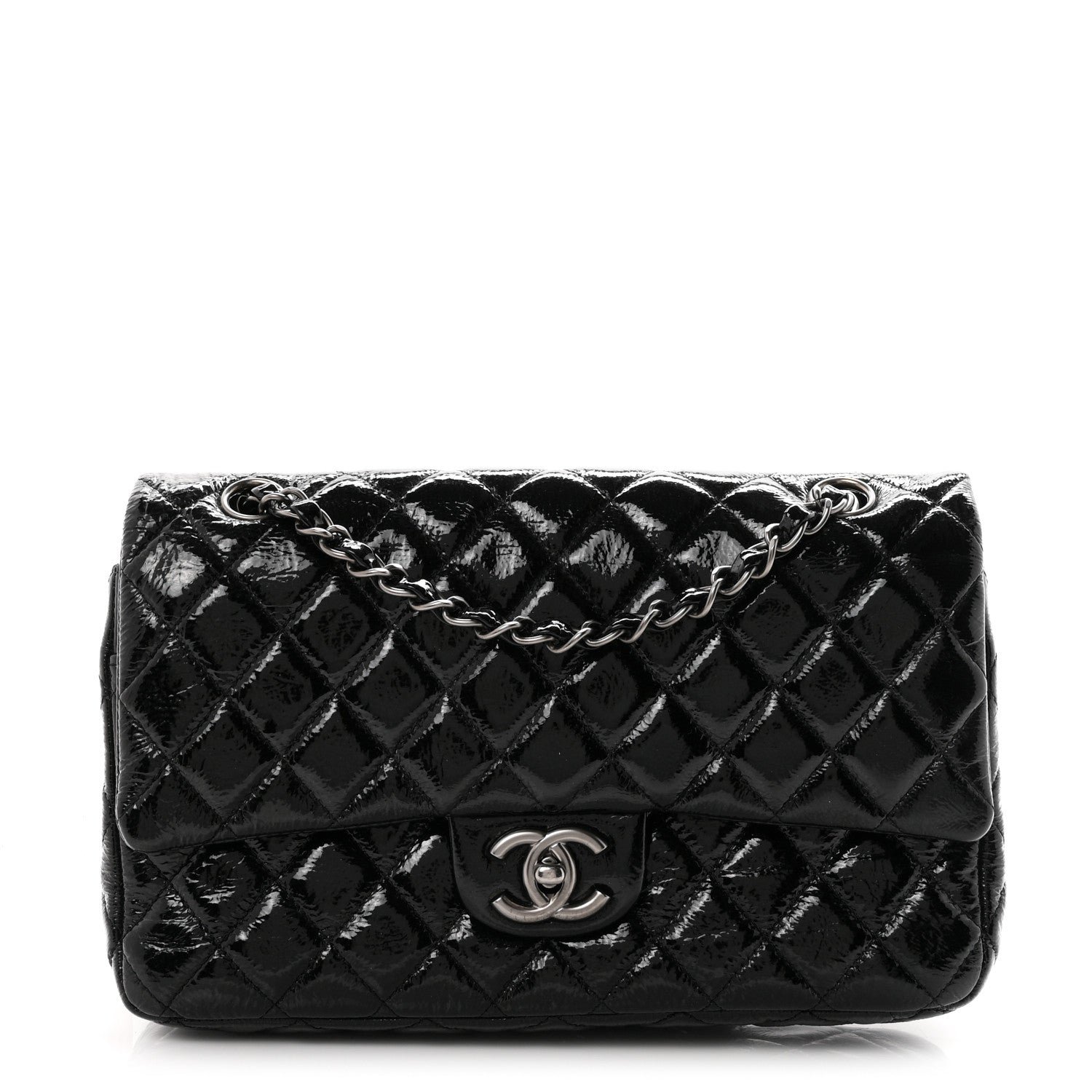 Chanel Crumpled Patent Quilted Medium Double Flap Black