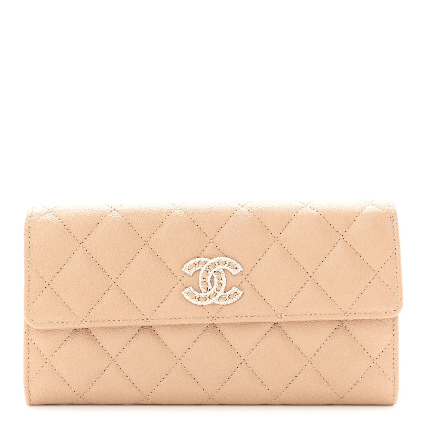 Chanel Caviar Quilted Crystal CC Large Gusset Flap Wallet Beige