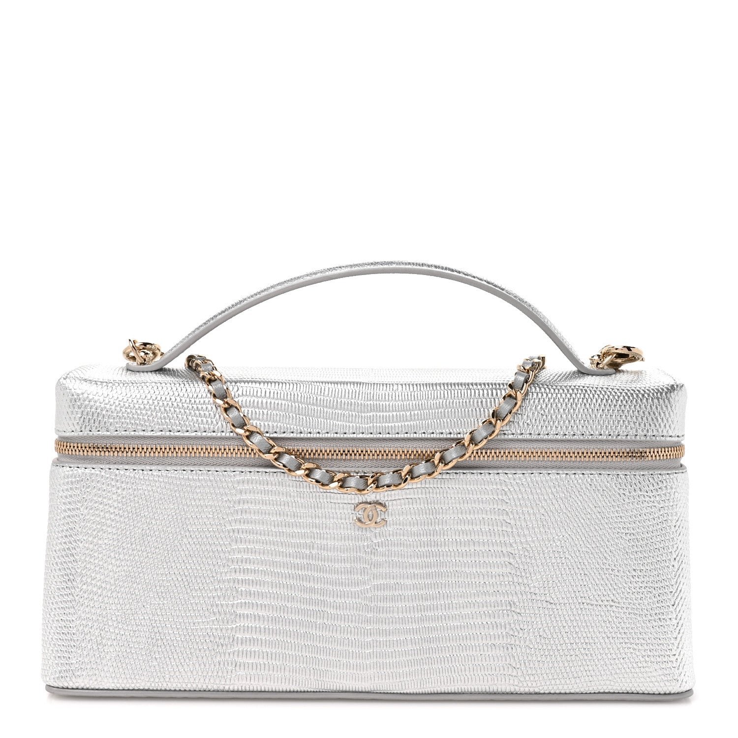 Chanel Lizard Embossed Calfskin Top Handle Slim Vanity With Chain Silvery