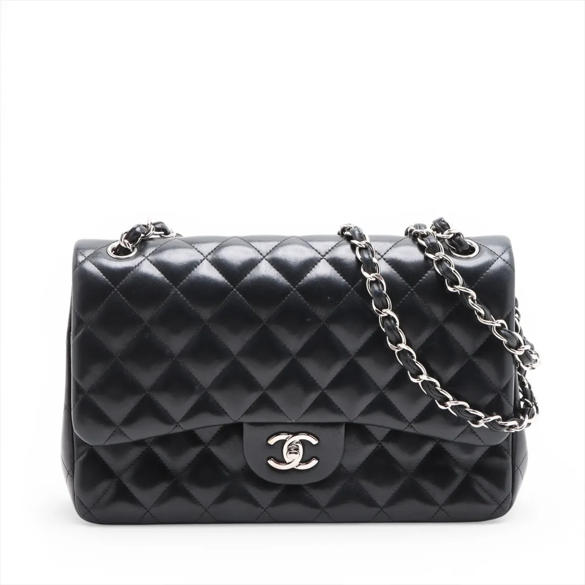 Chanel DEKAMATRASSE 30 Large Lambskin Double Flap Double Chain Bag Black Silver