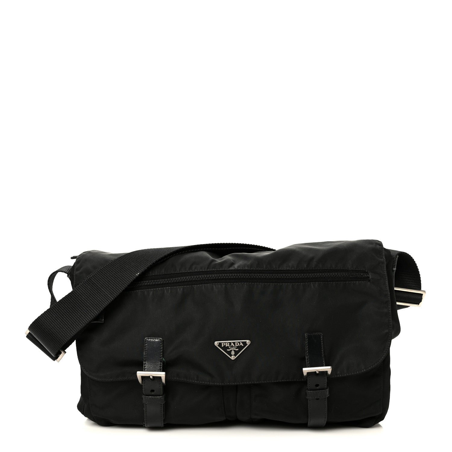 Prada Tessuto Nylon Saffiano Double Buckle Messenger Shoulder Bag Black