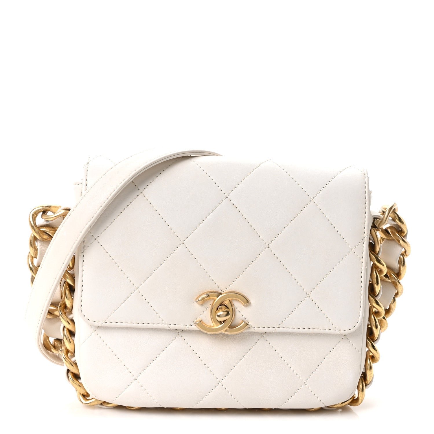 Chanel Calfskin Quilted Small Framing Chain Flap Bag White